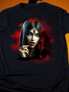Gothic Vampire Lady Graphic Tee - Piercing Blue Eyes Shirt